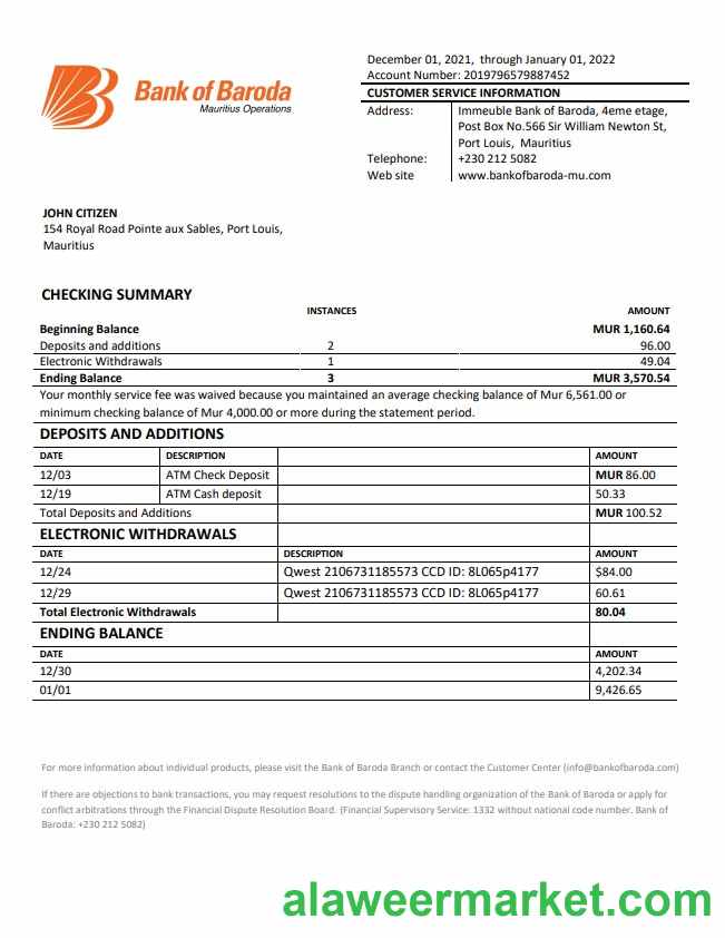 Mauritius Bank of Boroda bank statement